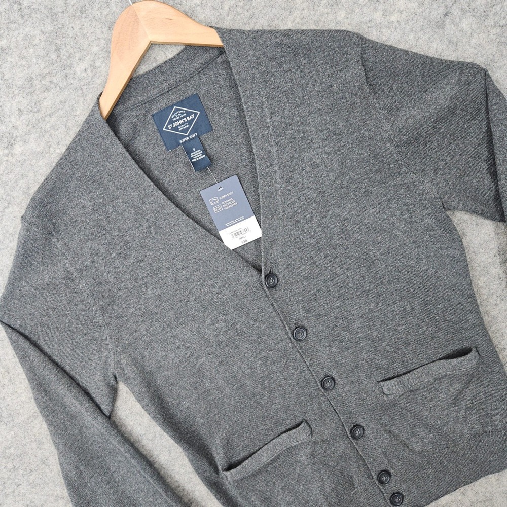NEW St Johns Bay Cardigan Men's Gray Small Super Soft Cotton/Recycled Poly Blend